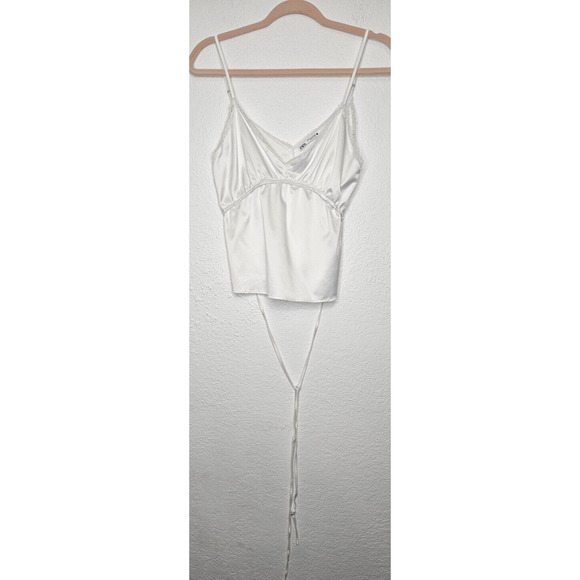 Zara Womens Tank Top Small White Lace Trim Tie Up Satin Camisole Bloggers Fav - Picture 4 of 11